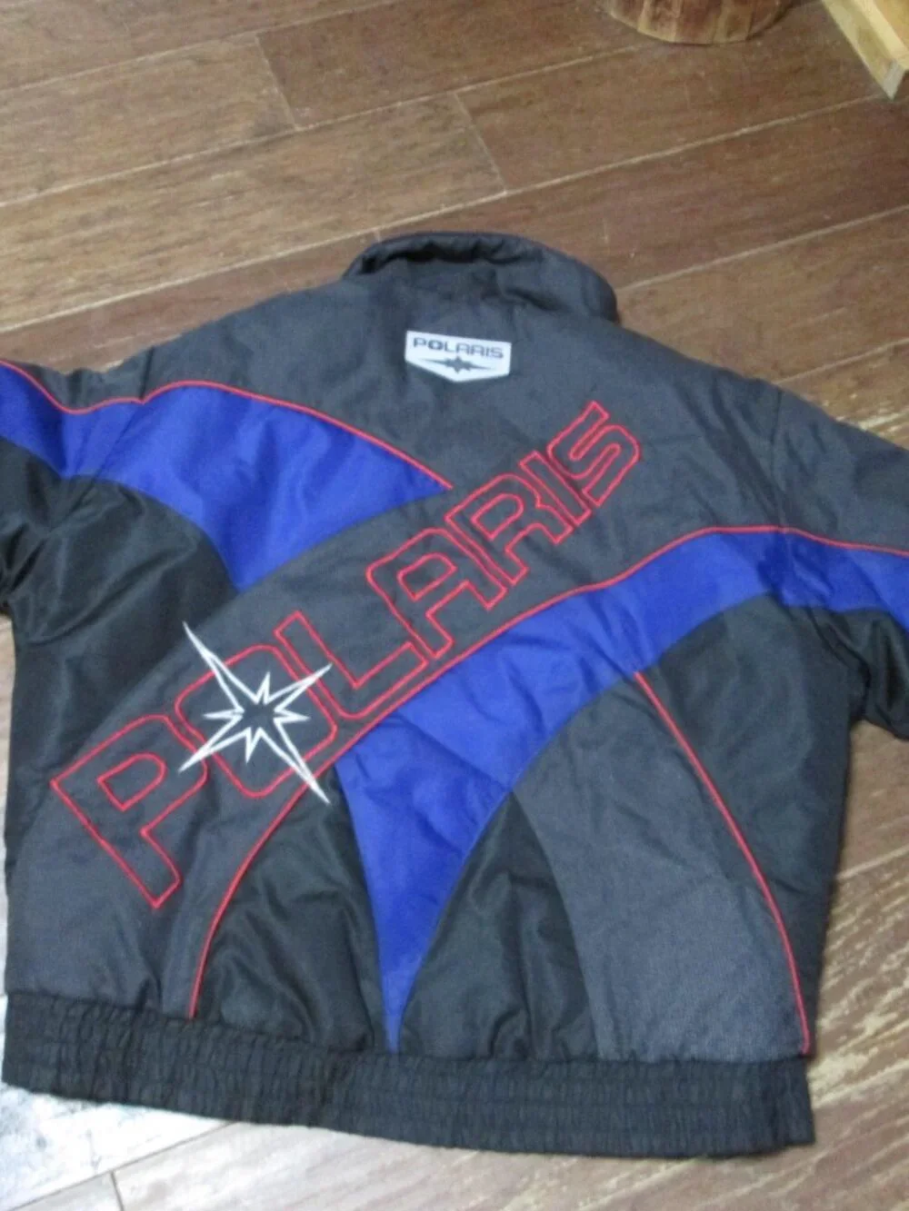 Vtg spellout colorblock Polaris snowmobile Jacket reflective front back sleeve L